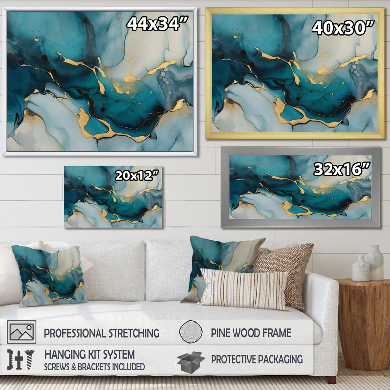 Impression sur toile encadrée turquoise or infusée IV - Fractales, Cadre simple noir, H 34 po x l 44 po x P 1,5 po