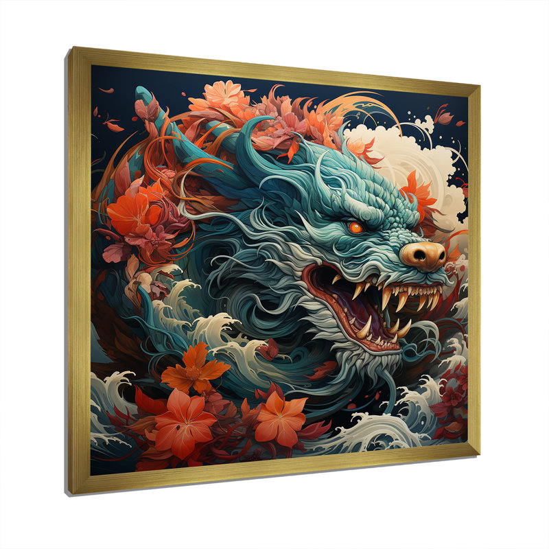 Dragon japonais sur la vague au large de Kanagawa II - Dragons, art mural, Cadre doré simple, H 16 po x l 16 po x P 1 po