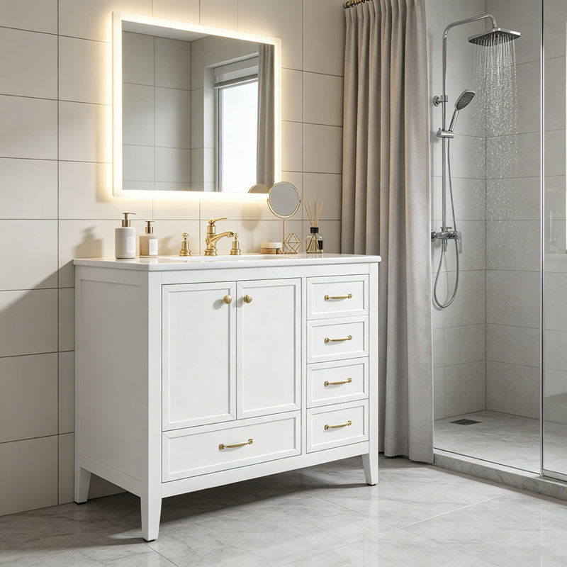 Meuble-lavabo 36 po avec lavabo, armoire de salle de bain avec porte à fermeture en douceur, 4 tiroirs de différentes tailles, structure et pied en bois massif, deux ensembles