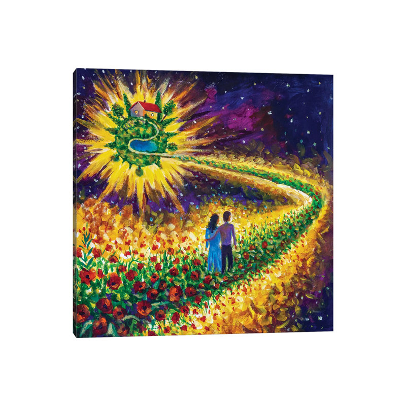 Couple In Love Walk Flower Road In Cosmos To Their Dream by Valery Rybakow - Wrapped Canvas Painting