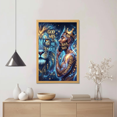 African American Man And Lion With Crown And Cosmic Background Canvas Wrapped Wall Art Oil Painting Print (Set Of 1)