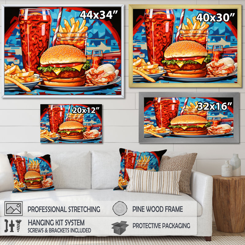 Pop Fast Food Hamburger Meal I sur impression sur toile, H 12 po x l 20 po x P 1 po, Toile tendue