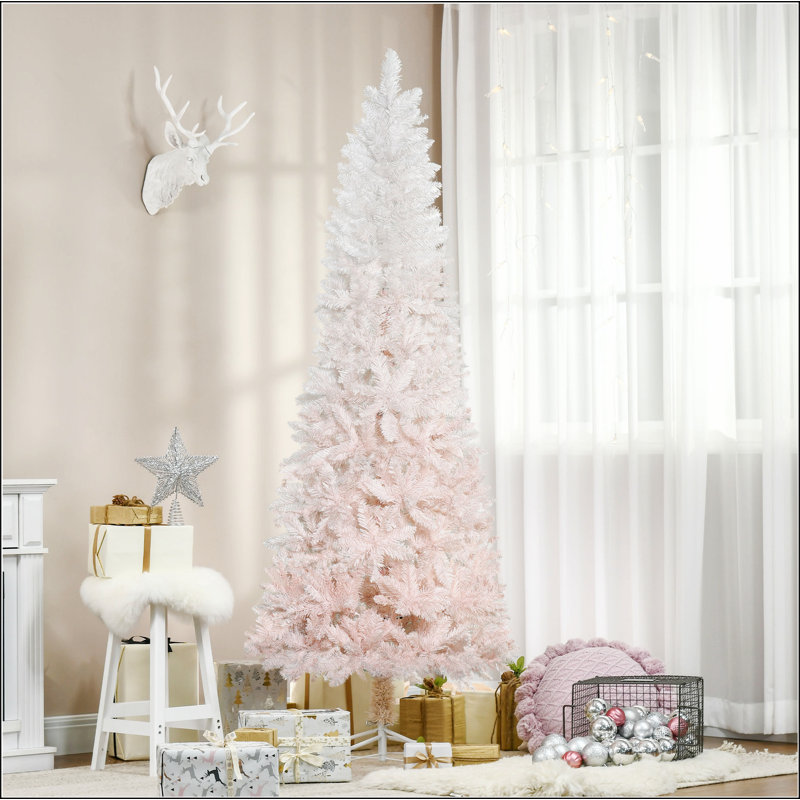 Sapin de Noël artificiel non éclairé 6 pi avec branches réalistes et base en acier, rose et blanc