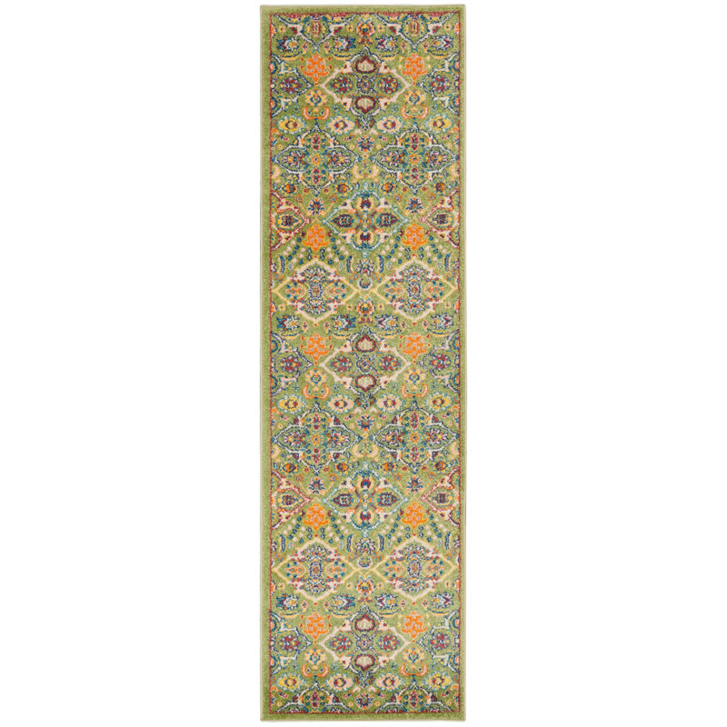 Tapis vert / orange / ivoire tissé à la machine Weylyn, Tapis de couloir 2 pi 3 po x 7 pi 6 po
