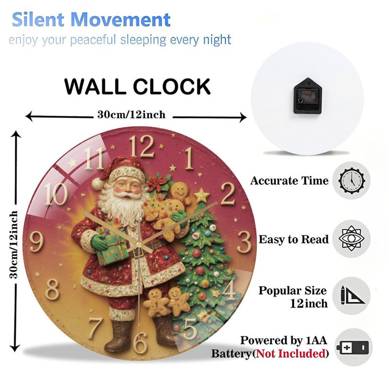Horloge-Visage-Père Noël-Avec-Cadeaux-Arbre - Horloge murale moderne en verre 12 po