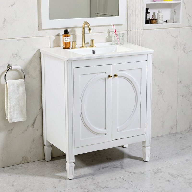 30 Inch Vintage White Bathroom Vanity with Ceramic Sink, No Assembly Needed, Soft Close Doors, Farmhouse Style