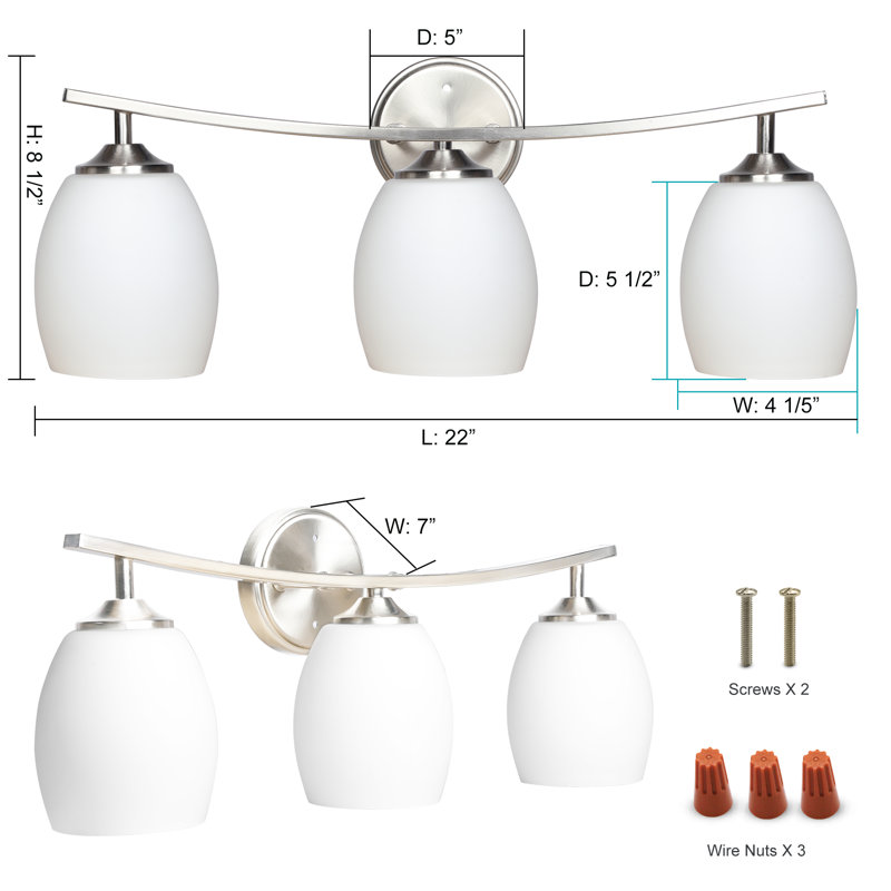 3-Light Vanity Light, 22-Inch Wall Sconce Lighting with White Glass Shade