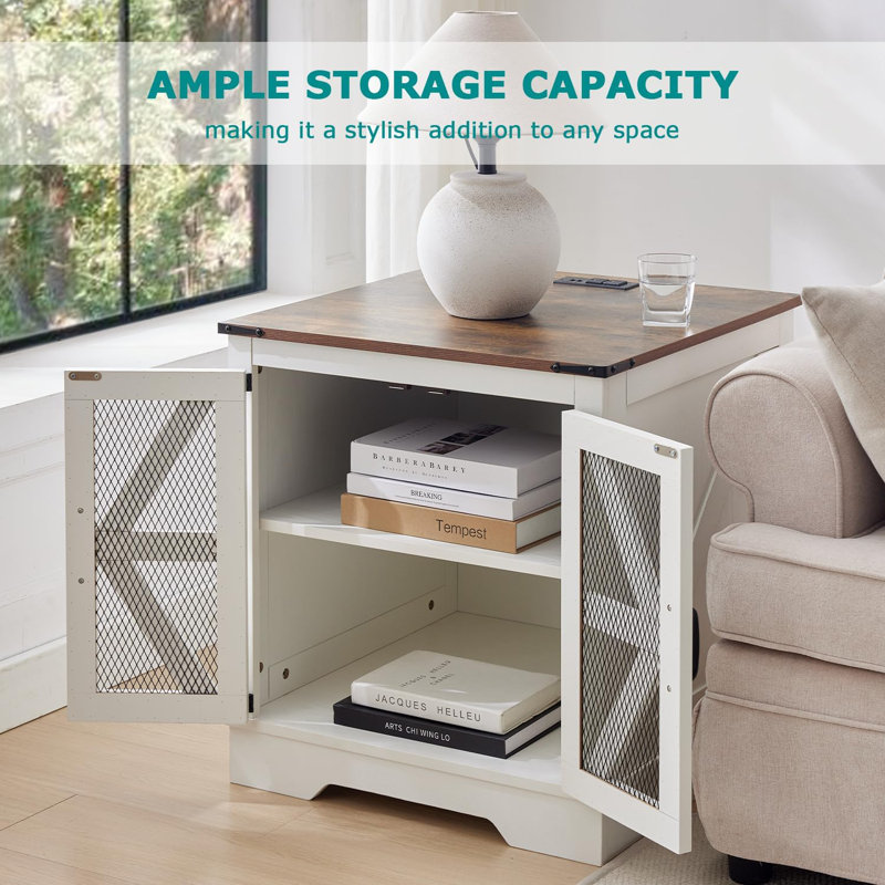 Farmhouse End Table with Charging Station - Nightstand with 2 Outlets & 2 USB Ports - Vintage Industrial Side Table, White