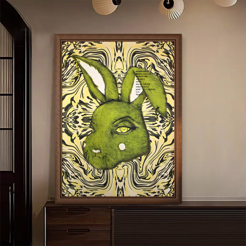 Art mural Mid-Century moderne encadré, reproduction abstraite de lapin vert sur toile, décor de lapin psychédélique pour le salon et la chambre à coucher