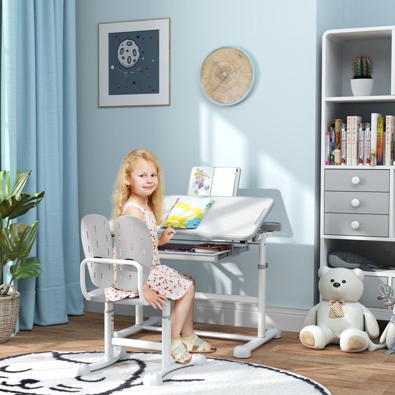 Qaba Kids Desk And Chair Set, Height Adjustable Kids Study Table And Chair Set With Tilt Desktop, Large Writing Board, Storage Drawer, Book Stand For 3-12 Years