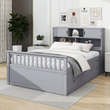 Full Size Captains Platform Bed Frame With Storage Bookcase And Shelves, 4 Drawers