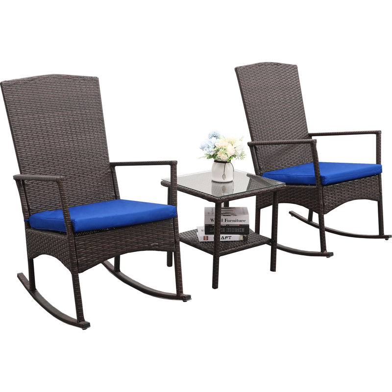 Chaise berçante d'extérieur 3 pièces avec table basse et coussins, Vert, Brun