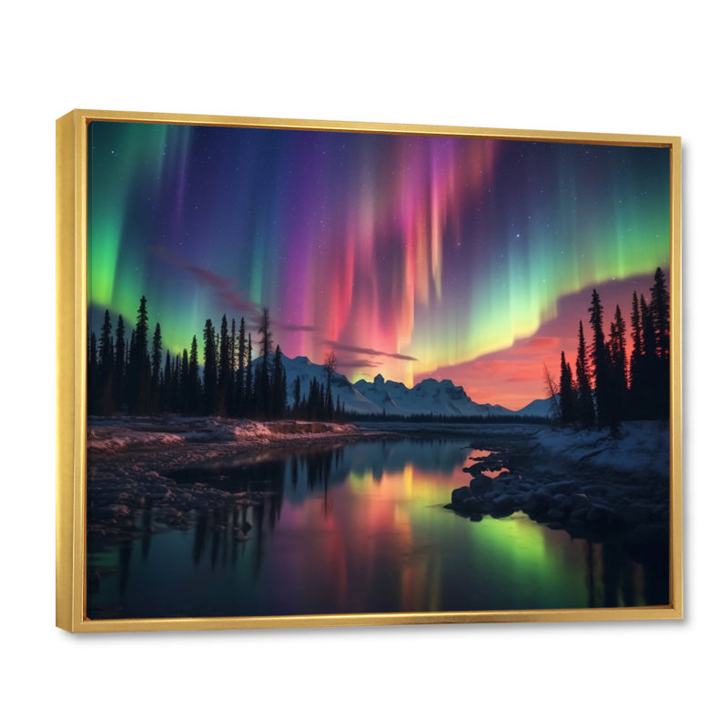 Yukon Dream Aurora I - reproduction d'art sur toile canadienne, Cadre flottant doré, H 24 po x l 32 po x P 1 po