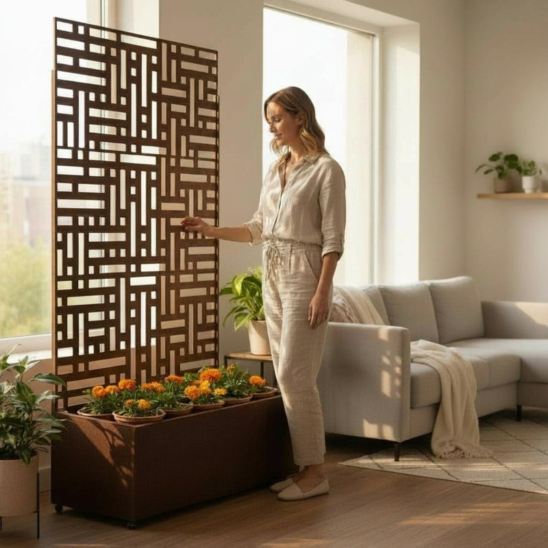 Metal Outdoor Privacy Screen With Planter 90cm X 180cm, Rust