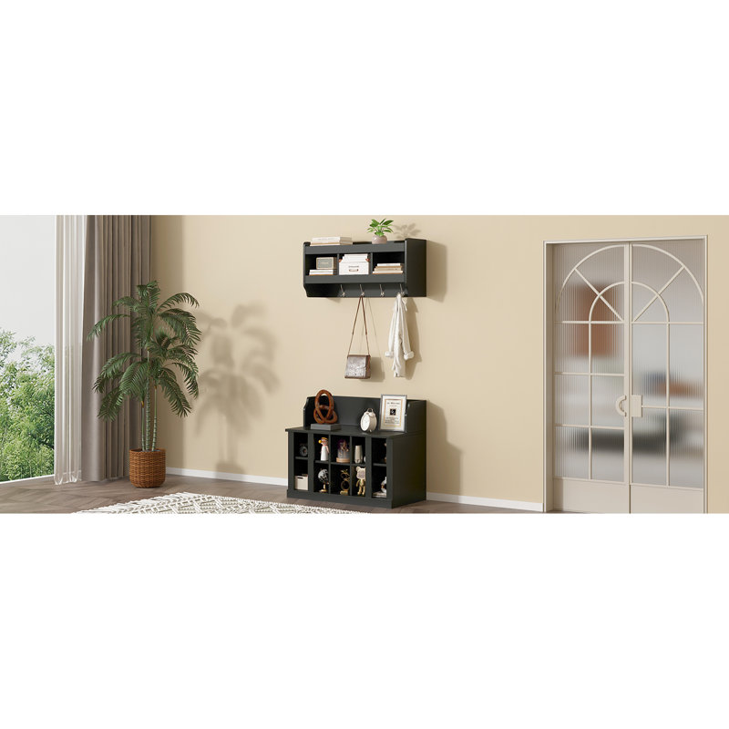Banc de rangement pour chaussures avec tablettes et 4 crochets, portemanteau élégant avec portemanteau mural, rangement pour vestibule, vestibule, vestibule