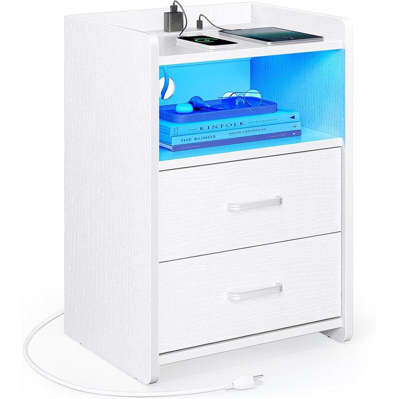 Table de chevet avec station de charge et bande lumineuse à DEL, tables de chevet à 2 tiroirs, table d'appoint pour la chambre à coucher, tables de chevet blanches à DEL (P 13,78 po x l 15,75 po x H 23,62 po)
