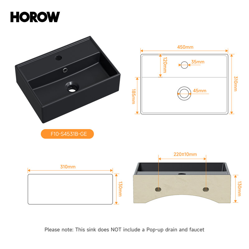 Belfry Bathroom 45mm L x 310mm W Matte Black Ceramic Rectangular Sink with Overflow