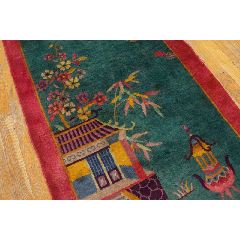 Green Antique Wool Floral Hand Knotted Pile 1920s Rectangle Rug