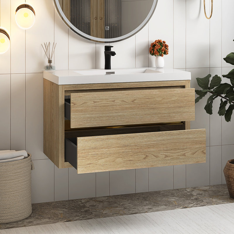 36" Wall-Mounted Bathroom Vanity With Sink, Oak Natural Wood