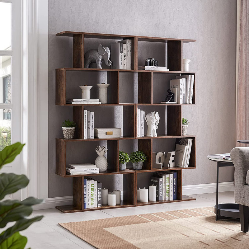 62.6" H Geometric Bookcase 5 Tier S-Shaped Room Divider Bookshelf, Brown