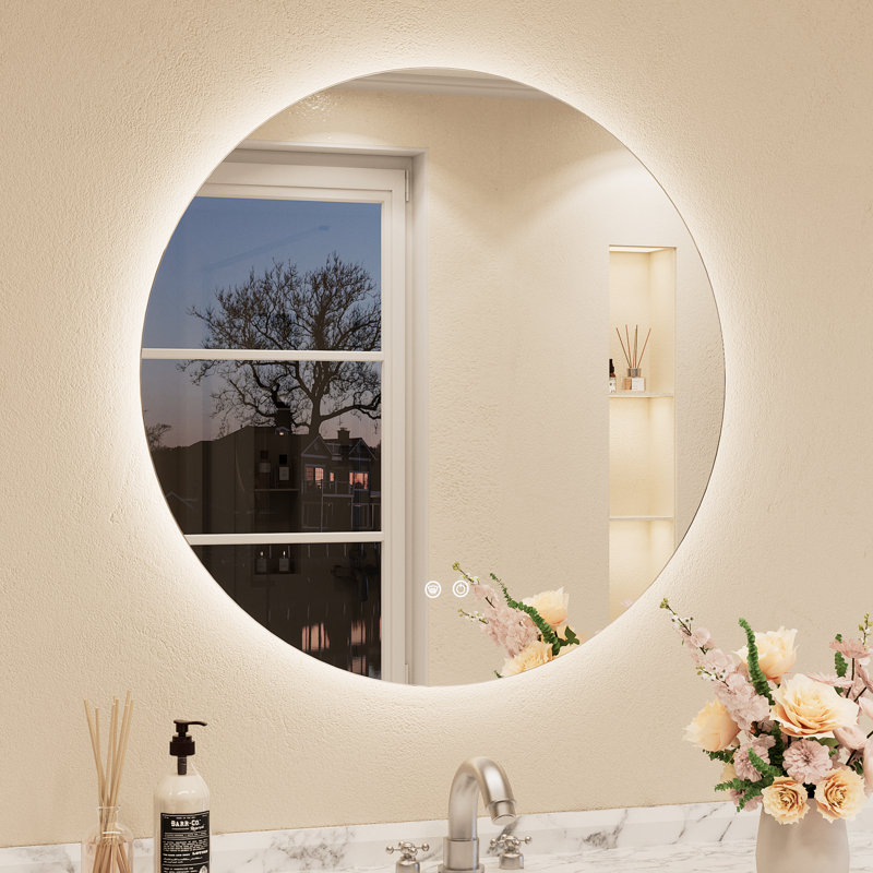 Adorna Round Frameless Backlit LED Bathroom Vanity Mirror, 	28'' x 28''