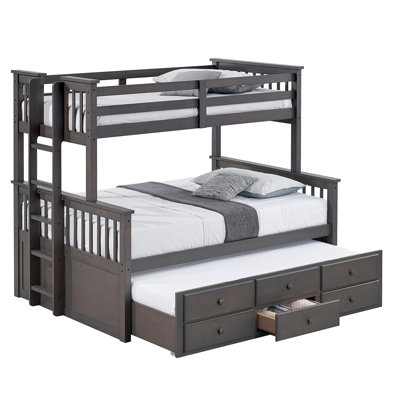 Transitional Style Twin Over Full Bunk Bed With And Trundle, Grey Mix Tone, Solid Engineered Wood For Bedroom Side Access Underbed Drawers, Look, Setup