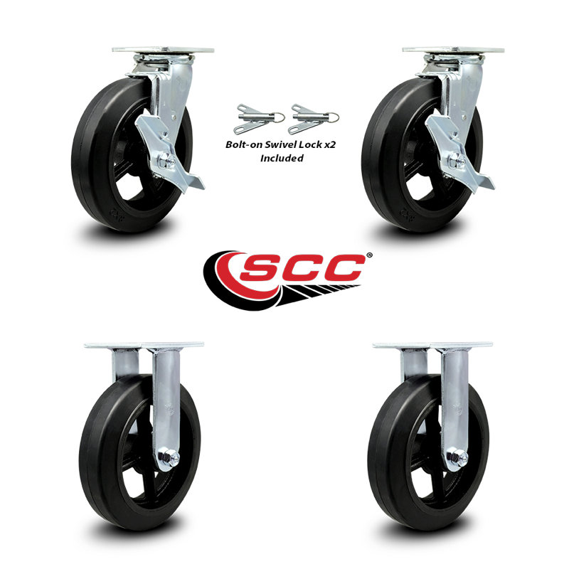 8 Inch Rubber on Steel Caster Set with 2 Brakes/Swivel Lock 2 Rigid SCC