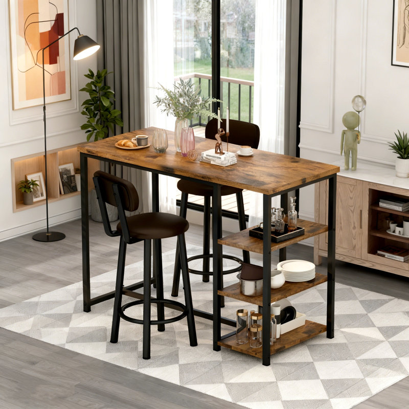 Ensemble de table de salle à manger de cuisine pour 2 personnes, table de bar et chaises avec 3 tablettes de rangement, table de pub à hauteur de comptoir avec 2 tabourets de bar rembourrés en cuir de polyuréthane pour petits espaces, îlot de cuisine, salle à manger, bar