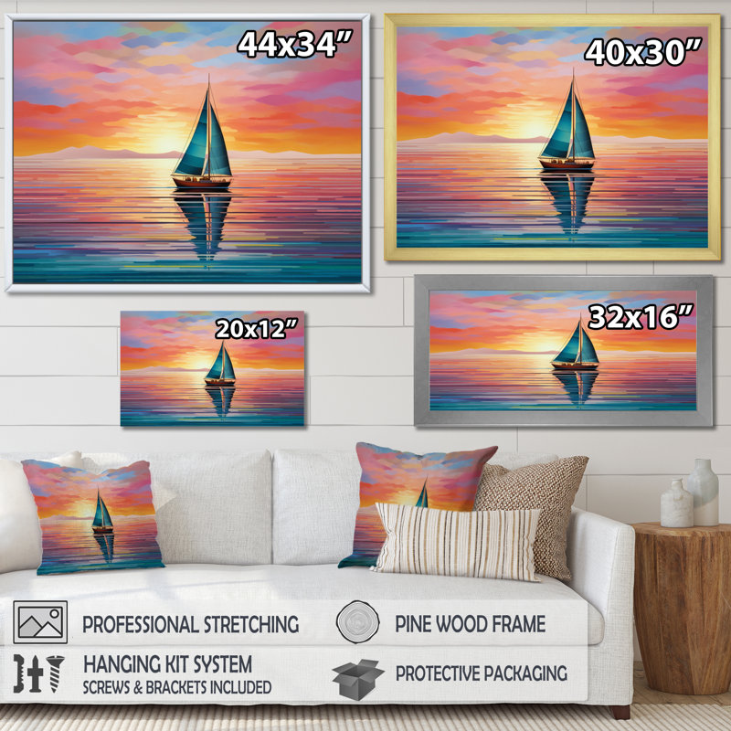 Voilier abstrait Horizon I, Cadre simple blanc, H 24 po x l 32 po x P 1 po