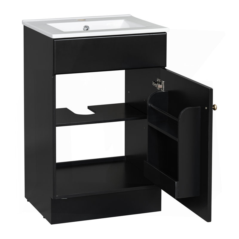 Meuble-lavabo de 20 po avec lavabo, meuble-lavabo avec tablette de porte et tablette réglable, noir, Noir
