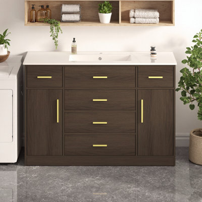 Meuble-lavabo 48 po avec rangement abondant, 2 portes à fermeture en douceur et 6 tiroirs, armoire en panneau de fibres à densité moyenne durable, élégance transitionnelle, fonctionnement silencieux pour la chambre principale, la salle d'invité et la salle d'eau
