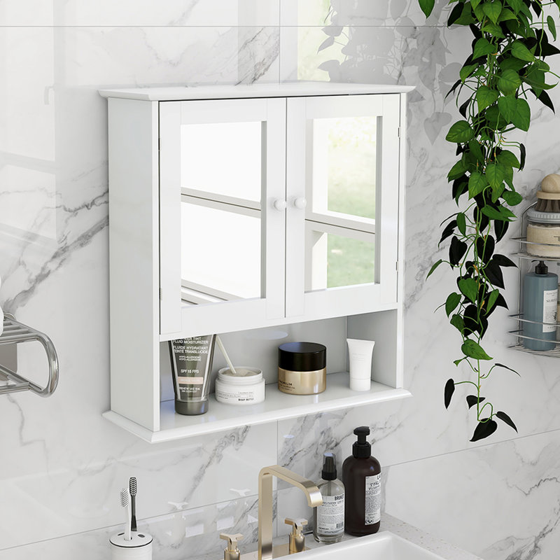 Armoire murale de salle de bain moderne avec portes à double miroir - Options de tablettes réglables peintes en blanc et peu encombrantes
