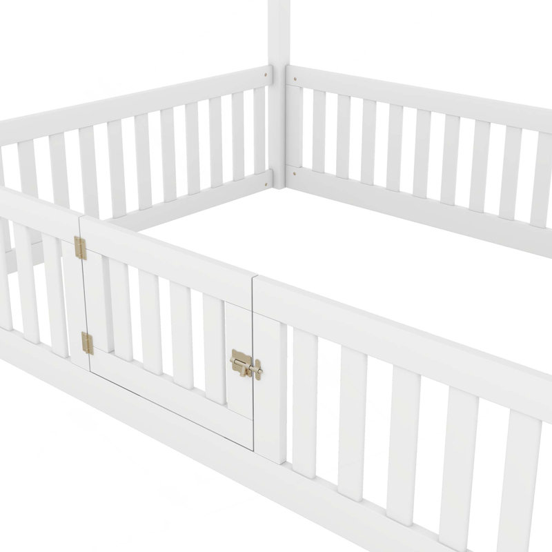 Lit en bois avec clôture et porte, Full, White