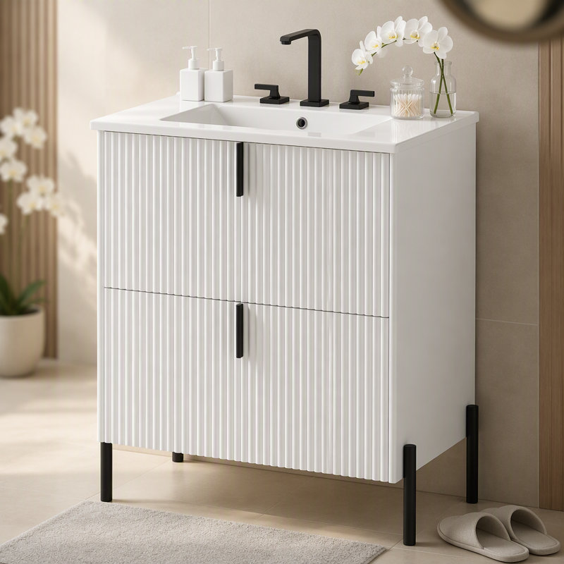 Meuble-lavabo autoportant de 30 po avec lavabo en céramique, avec poignées verticales et tiroirs pleine extension, meuble-lavabo autoportant avec glissières de tiroir à fermeture en douceur