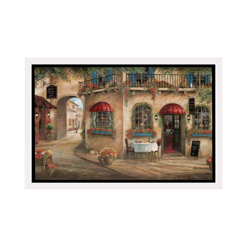«Gino's Pizzaria» par Ruane Manning - reproduction, H 40 po x l 60 po x 1,5 po, Cadre flottant blanc