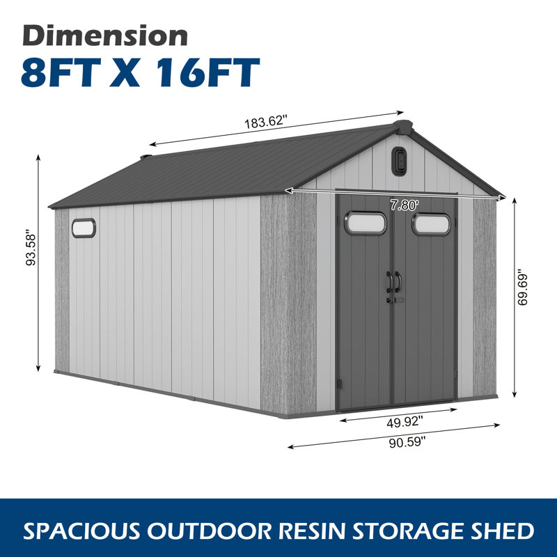 Remise de rangement extérieure en plastique l 8 pi x P 16 pi, H 93,58 po x l 93,74 po x P 183,62 po