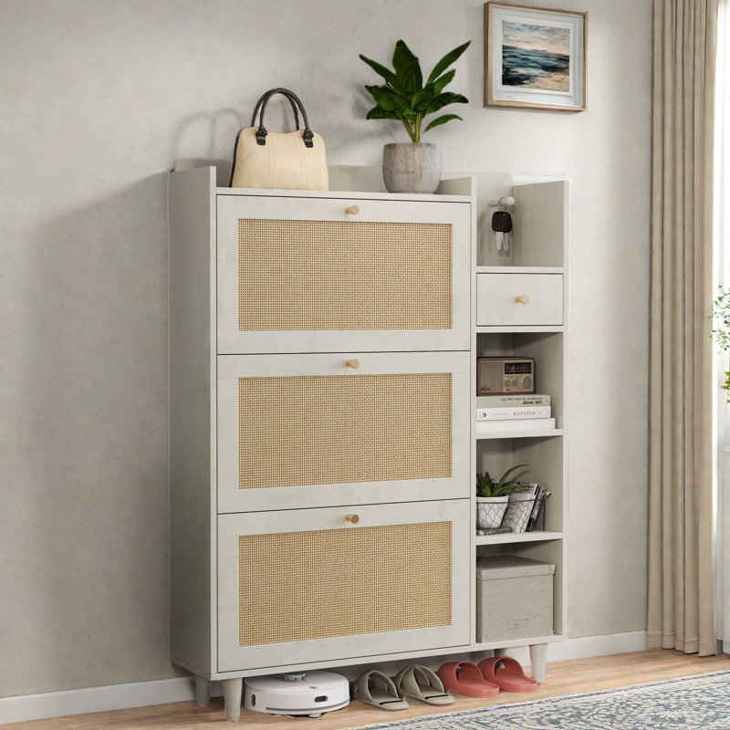 Bohemia Style Shoe Cabinet With 3 Rattan Flip Drawers, 3 Square Shelves And 1 Storage Drawer And Key Hooks, Antique White