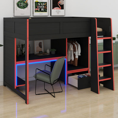 Lit mezzanine moderne et élégant avec bureau intégré, armoire, éclairage DEL et tiroir de rangement
