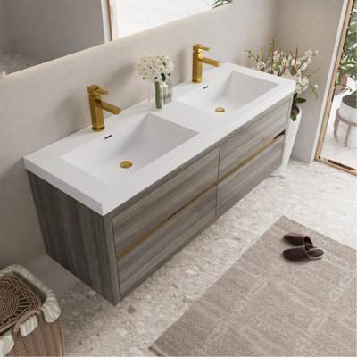 Meuble-lavabo mural 60 po avec lavabo double, meuble de rangement flottant pour salle de bain avec comptoir en résine de pierre et tiroirs à fermeture en douceur, gris cendré