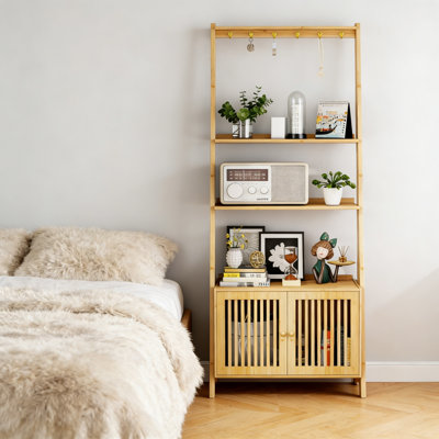 Bookcase With Drawers, 4-Tier Bamboo Bookshelf Ladder Shelf With 6 Hooks, Tall Narrow Standing Storage Organizer For Living Room, 59.5 Inch