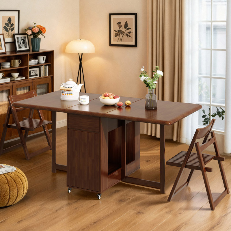 Foldable Extending Table in Walnut, Solid Wood with Casters, 2 Drawers and Concealed Storage Space（Without Chairs） Fast Dispatch From UK Warehouse – Dispatched Within 2 Days