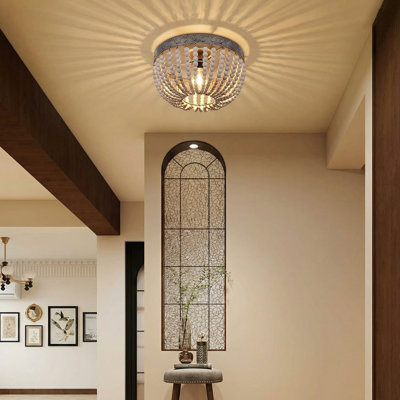 White Boho Beaded Chandeliers Flush Mount Ceiling Light Small Antique Farmhouse Chandelier Light Fixture for Bedroom Kitchen Dining Room Living Room Stairway Gazebo