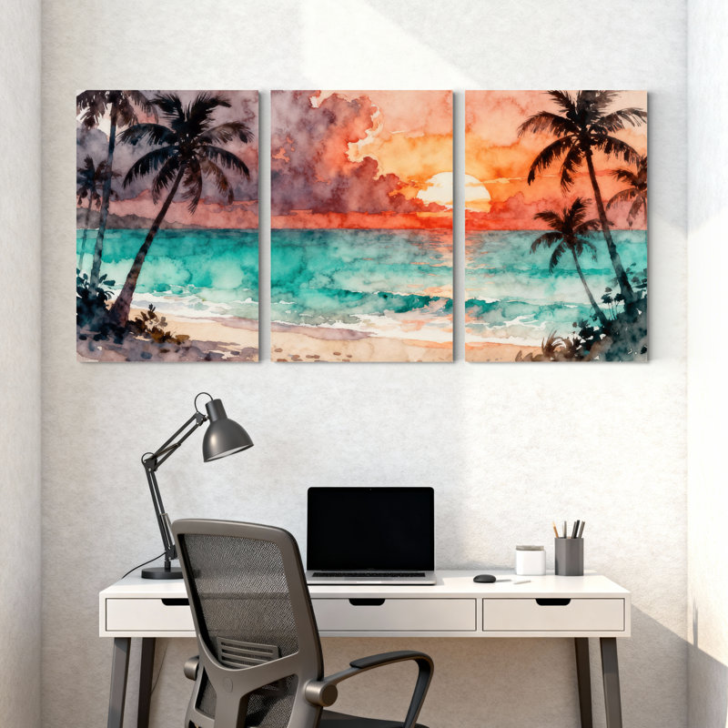 Palmiers, coucher de soleil tropical, plage, palmiers, ensemble de 3 impressions sur toile, H 30 po x l 60 po