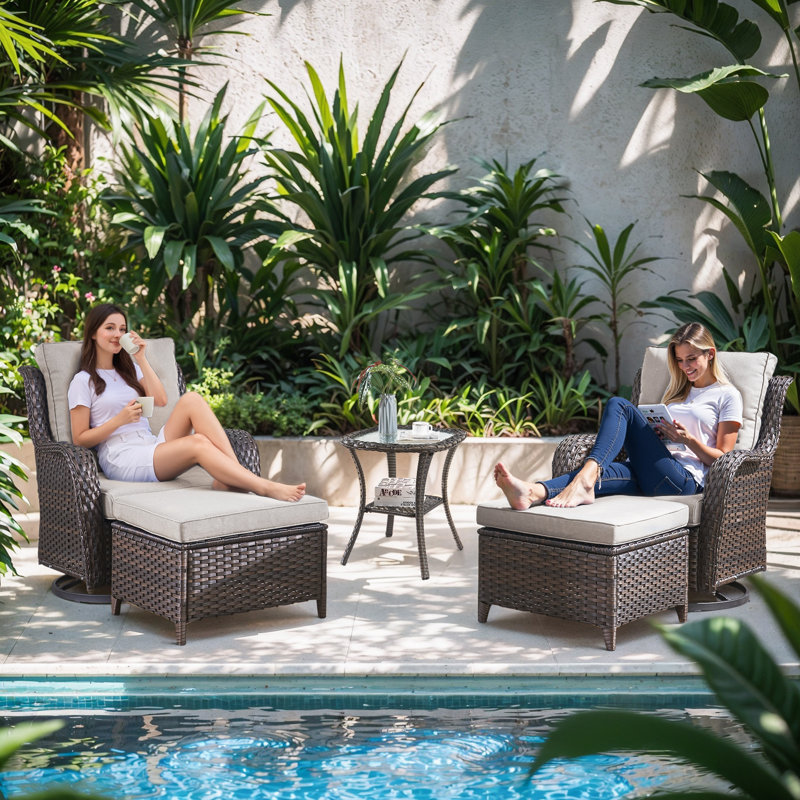 Abbey Outdoor Durable Wicker Ottomans With Olefin Cushions Durable & Weather-Resistant For Patios, Brown, Beige