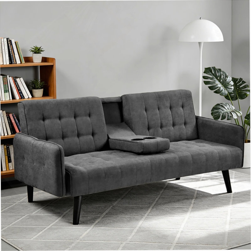Canapé-lit de 72 po - Dossier convertible pliant en lit double avec porte-gobelet et table rabattable - Canapé en lin peu encombrant pour petits espaces - Assemblage facile, gris foncé