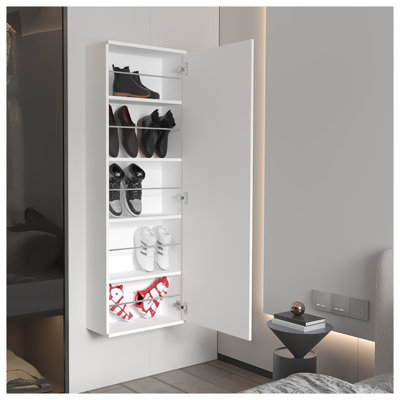 Connecticut White Wall-Mounted Shoe Rack with Mirror Door and Five Shelves