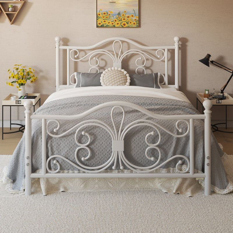 Eylin Metal Platform Bed with Butterfly Design Headboard and Footboard, Underbed Storage, Full, White