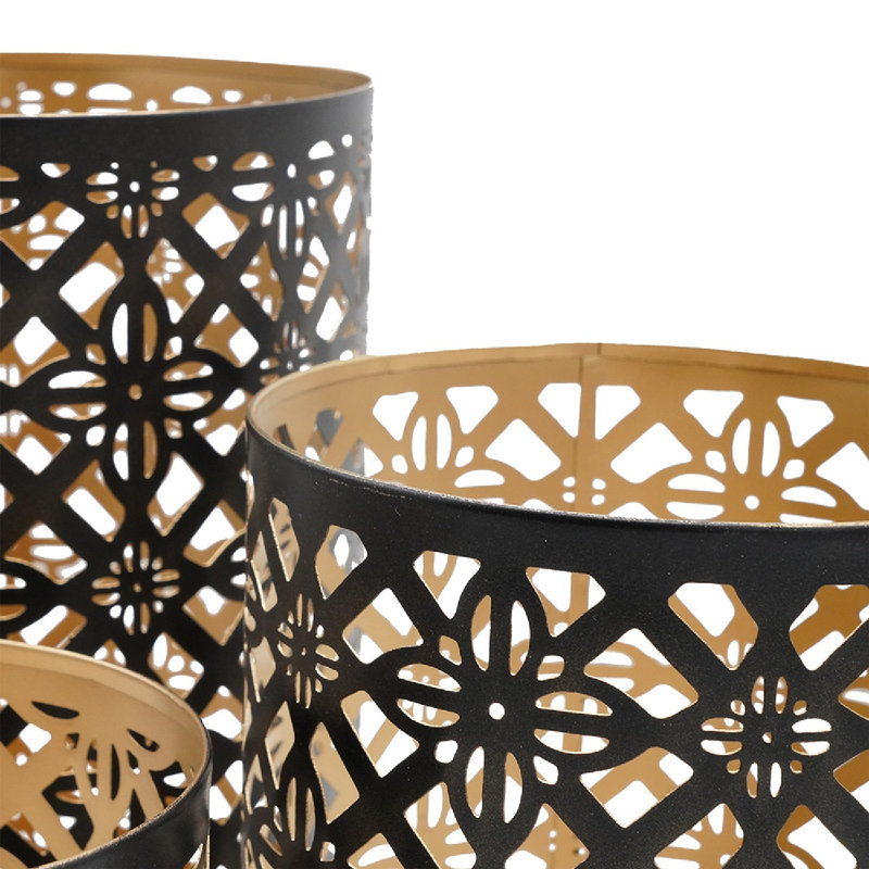 Set of 3 Black and Gold Metal Pierced Candle Lanterns