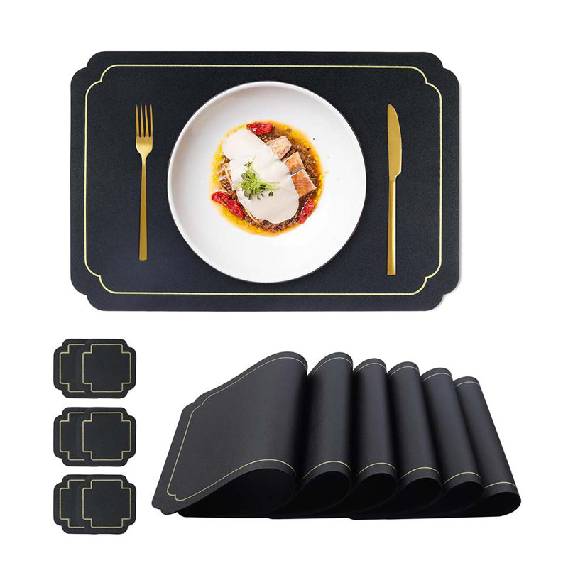 Black Faux Leather Placemats With Gold Trim Placemats And Coasters Set Of 6 Large Rectangular Table Mats Heat Resistant And Easy To Clean