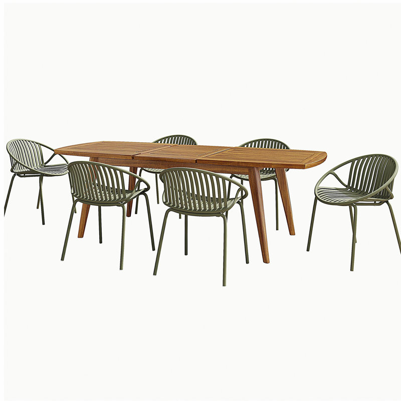 7 Pieces Outdoor Modern Expandable Dining Set with Stackable Chair,Orange+Teak, Green/Teak
